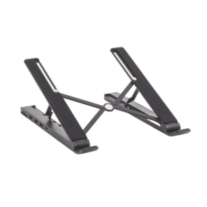 Soporte para Laptop con Docking Station (HUB) / 2 puertos USB 3.0 a 5Gbps / HDMI 4K@30Hz / Memoria SD + MicroSD (TF) / Amplia Compatibilidad de 11-17.3″ / Ajuste de Altura / Aluminio / PC+ABS / Silicona / Color Negro / 5 en 1