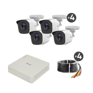 Kit TurboHD 720p / DVR 4 canales / 4 Cámaras Bala de Metal / 4 Cables 18 Mts / H.265+ / 1 Fuente de Poder Profesional / Accesorios de Instalación