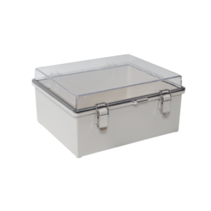 Gabinete Plástico ABS, Puerta Transparente, Uso en Intemperie IP66 (190 x 290 x 140 mm) cierre por Broche Inoxidable.